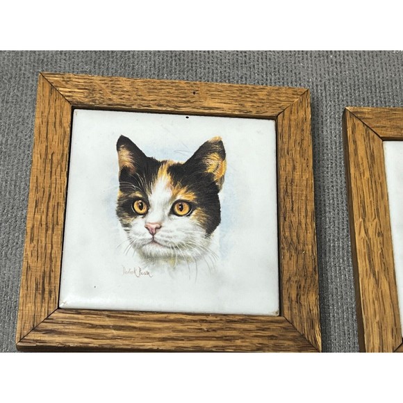 Cat Ceramic Wood Framed Tile Derick Bown Artist Signed Coasters Lot Of 4 - Picture 2 of 9